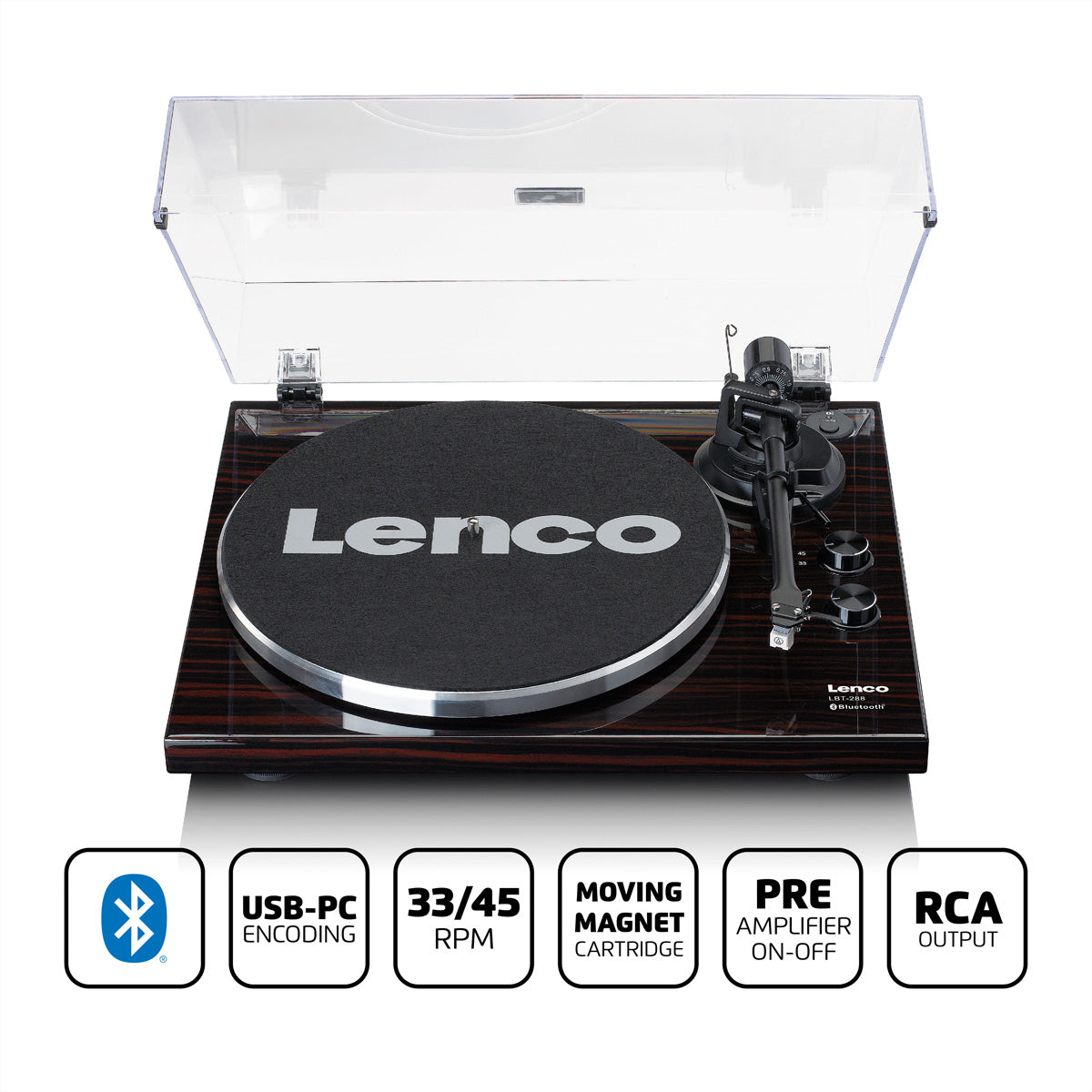 Lenco LBT-288WA – Plattenspieler (Riemenantrieb, manuell), Bluetooth, Phono-Vorverstärker, 33⅓/45 U/min – Schwarz/Braun