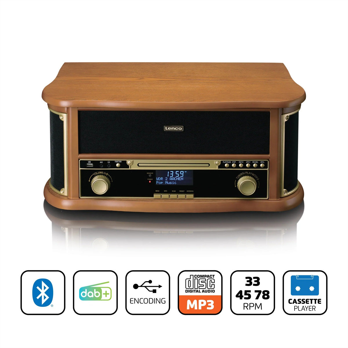 Lenco TCD-2571WD – Plattenspieler (Riemenantrieb), Bluetooth, Phono-Vorverstärker, 33⅓/45/78 U/min – Braun