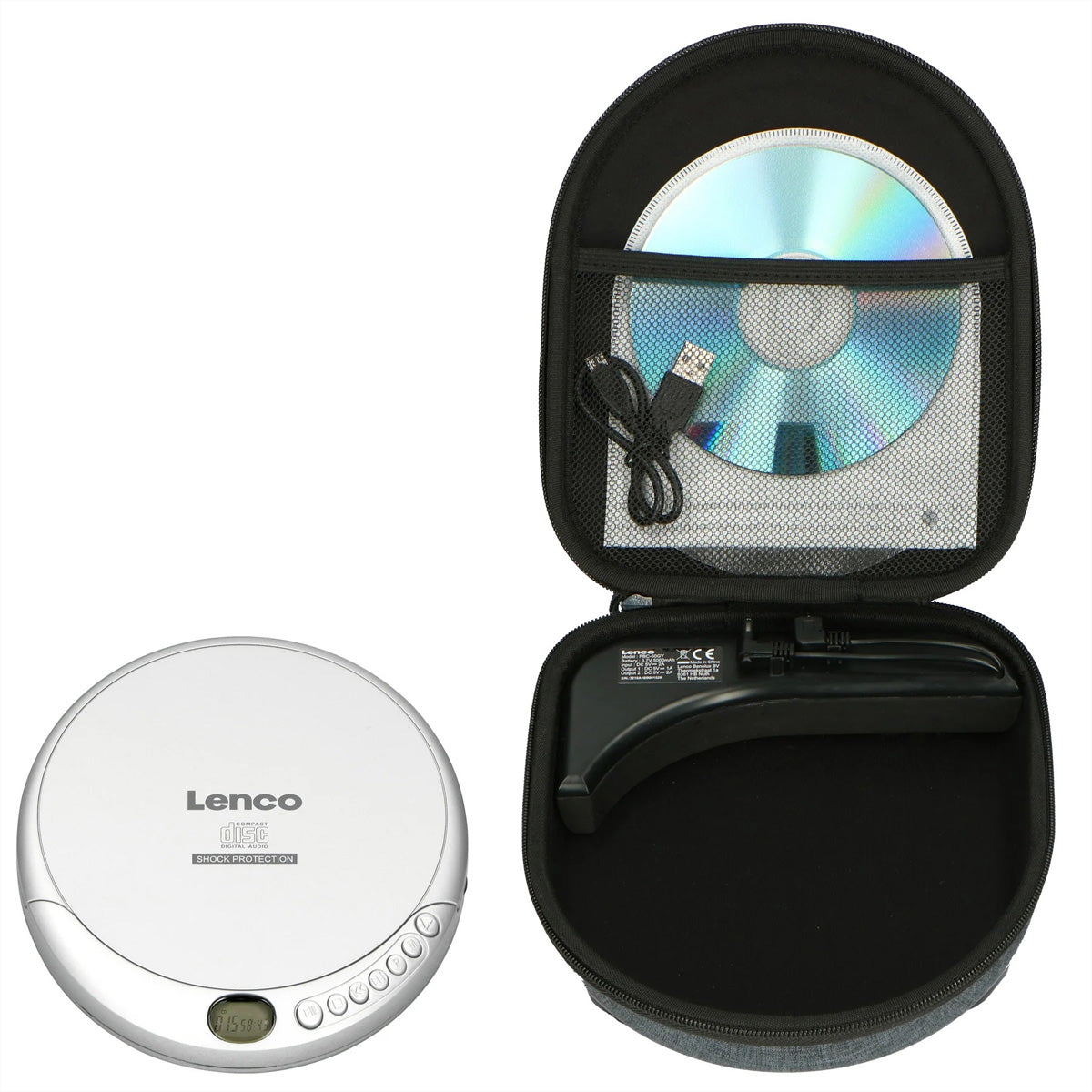 Lenco CD-201SI+PBC-50GY – Portabler CD-Player, 14 h Akku – Silber