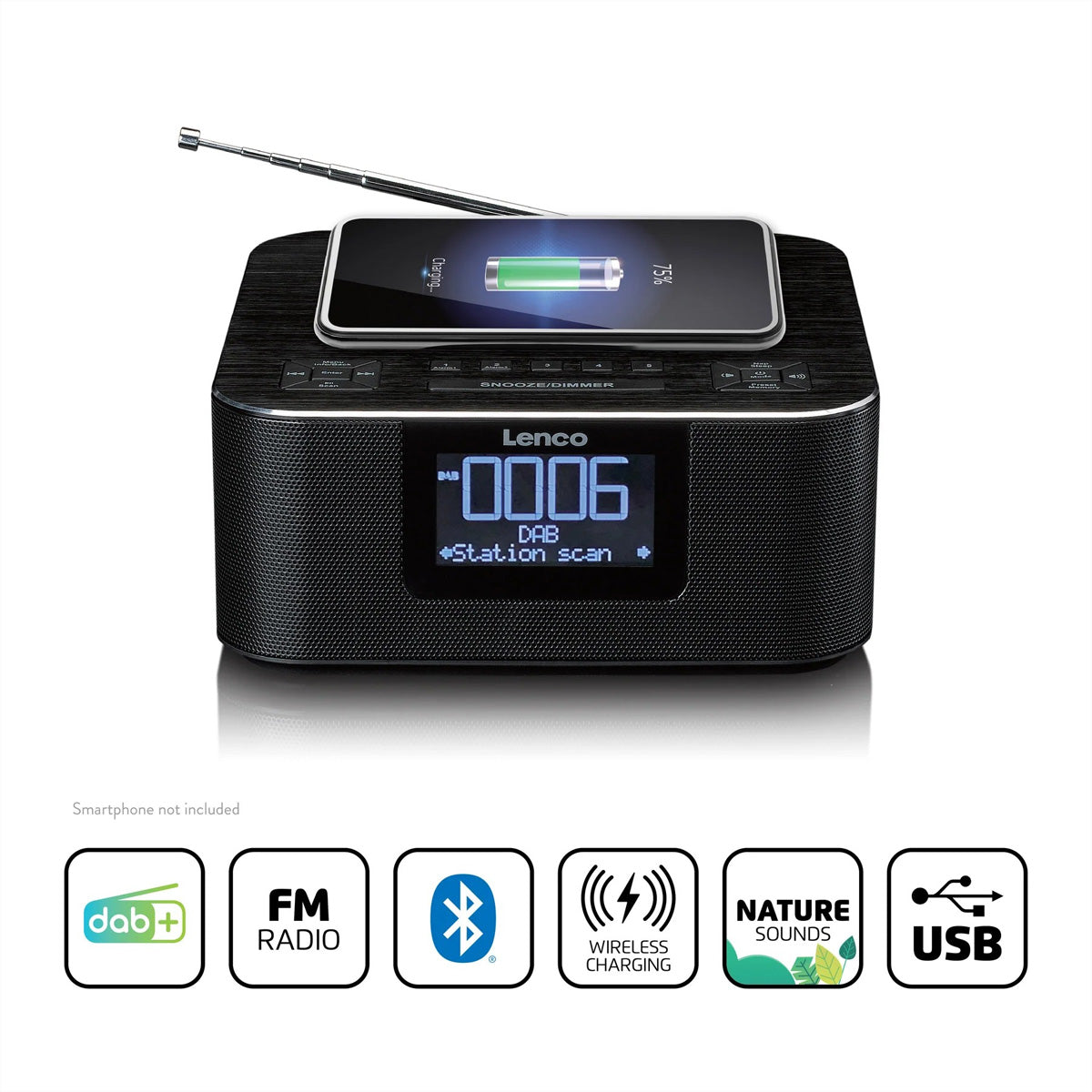 Lenco CR-650BK – Radiowecker DAB+/UKW, Bluetooth 5.0, Qi-Laden, 2 Weckzeiten – Schwarz