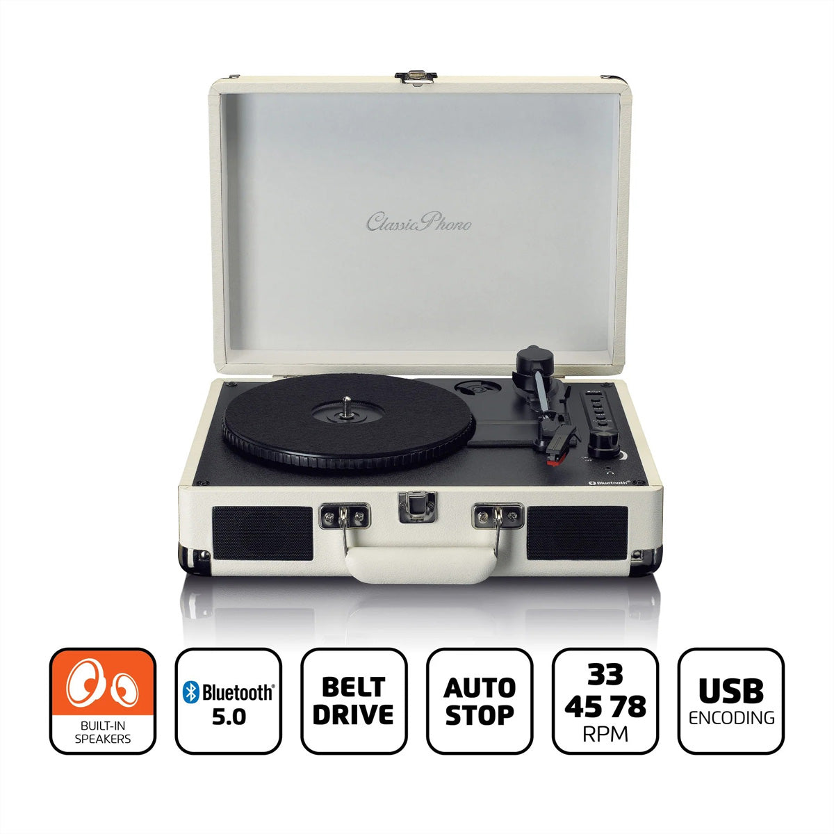 Lenco TT-115CR – Plattenspieler (Riemenantrieb, manuell), Bluetooth, Phono-Vorverstärker, 33⅓/45/78 U/min – Weiss