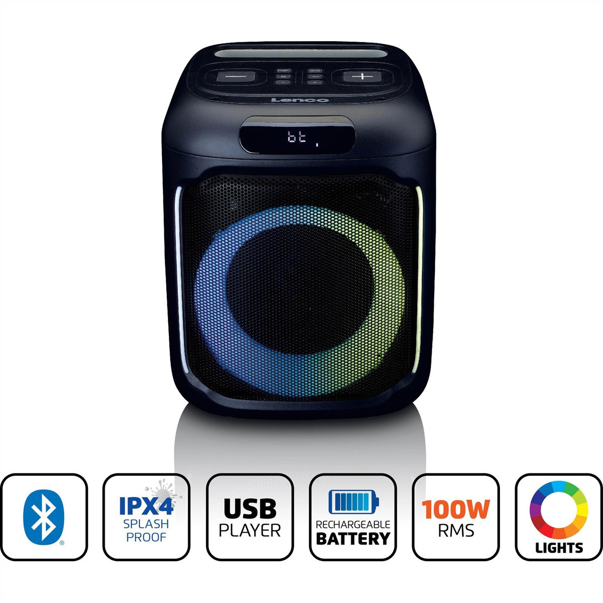 Lenco PA-101BK – Party-Lautsprecher – 100 W, LED, IPX4, 14 h Akku – Schwarz