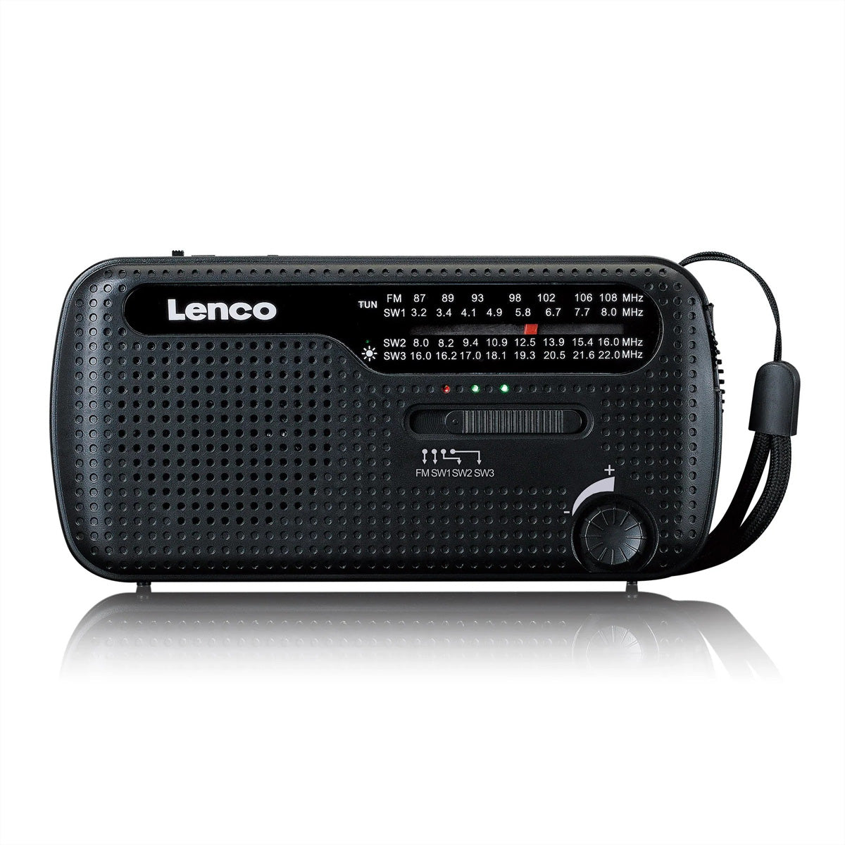 Lenco MCR-113BK – Tragbares Radio, UKW, Kurbel/Dynamo, Solar-/USB-C-Ladung, Powerbank, Lampe – Schwarz