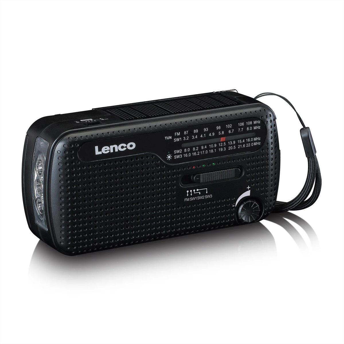 Lenco MCR-113BK – Tragbares Radio, UKW, Kurbel/Dynamo, Solar-/USB-C-Ladung, Powerbank, Lampe – Schwarz