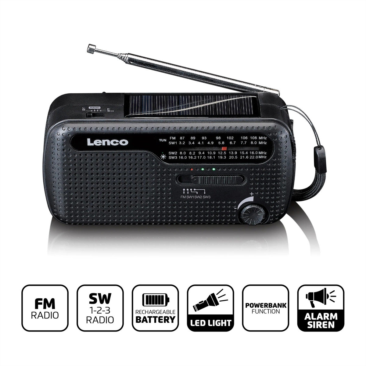 Lenco MCR-113BK – Tragbares Radio, UKW, Kurbel/Dynamo, Solar-/USB-C-Ladung, Powerbank, Lampe – Schwarz