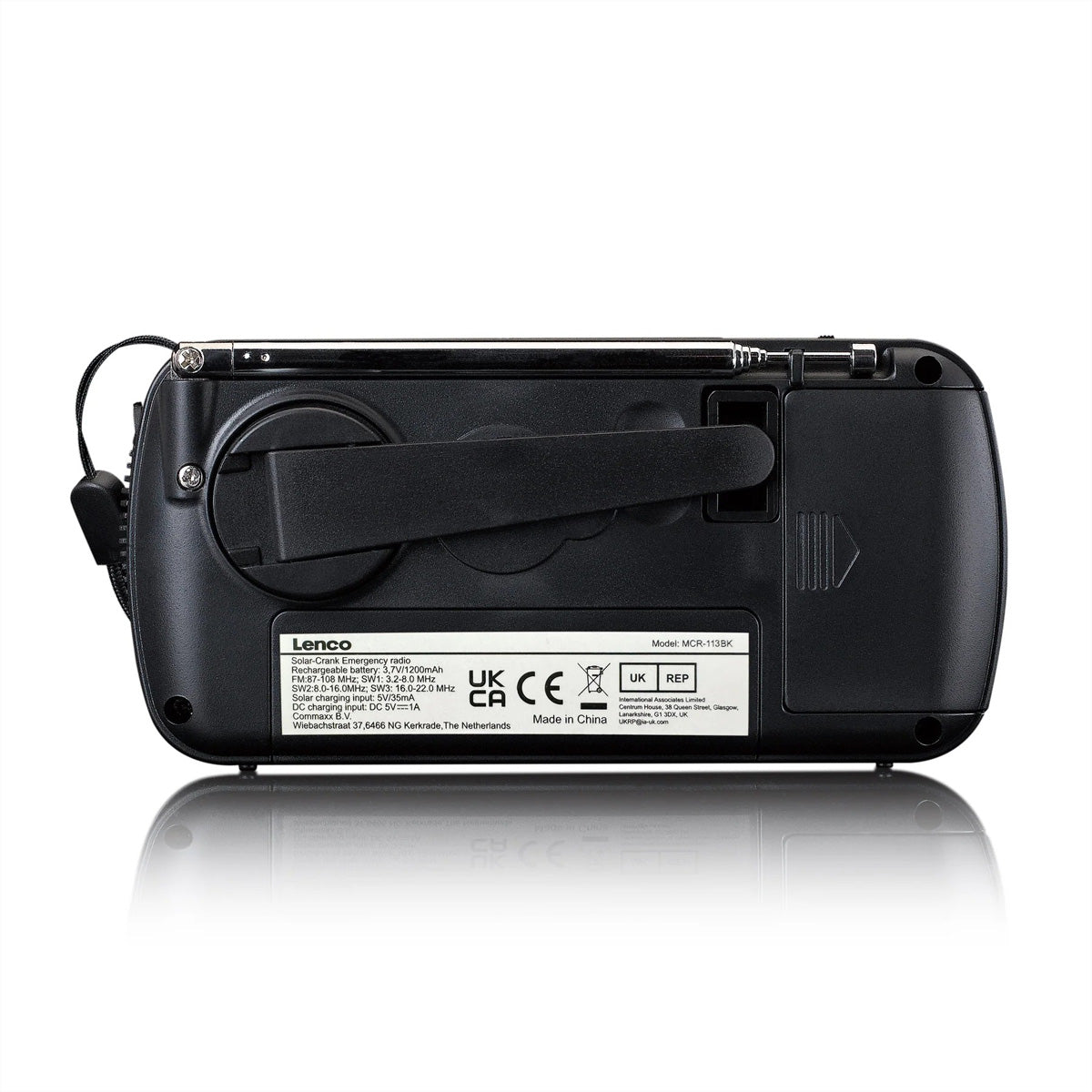 Lenco MCR-113BK – Tragbares Radio, UKW, Kurbel/Dynamo, Solar-/USB-C-Ladung, Powerbank, Lampe – Schwarz