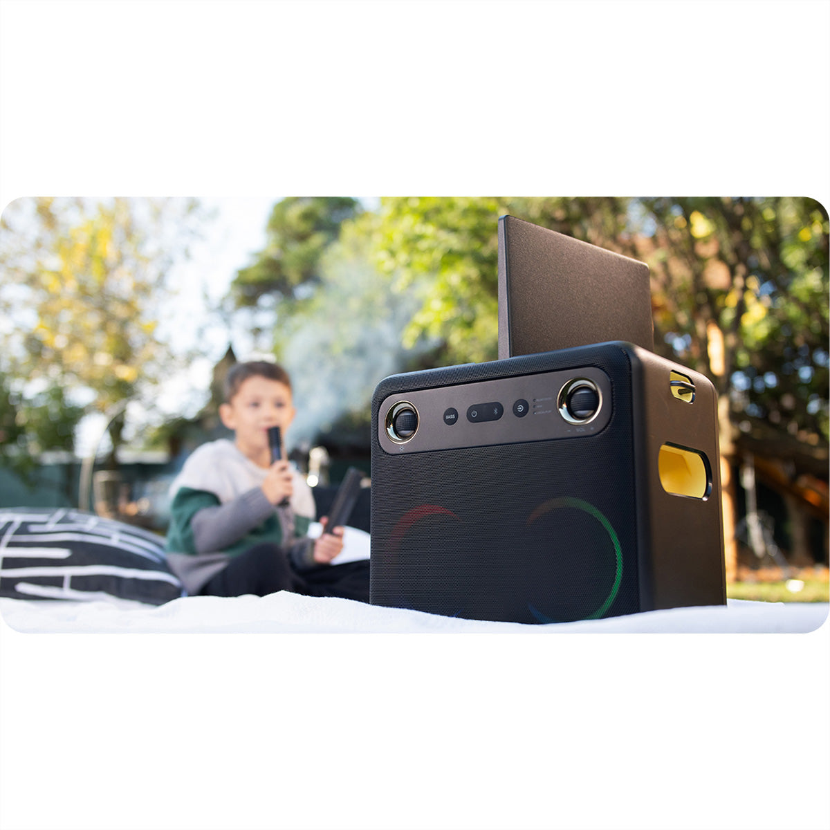 Ikarao Break X2 – Party-Lautsprecher – 300 W, LED-Lichteffekte, mit 2 kabellosen Mikrofonen, 8 h, Schwarz