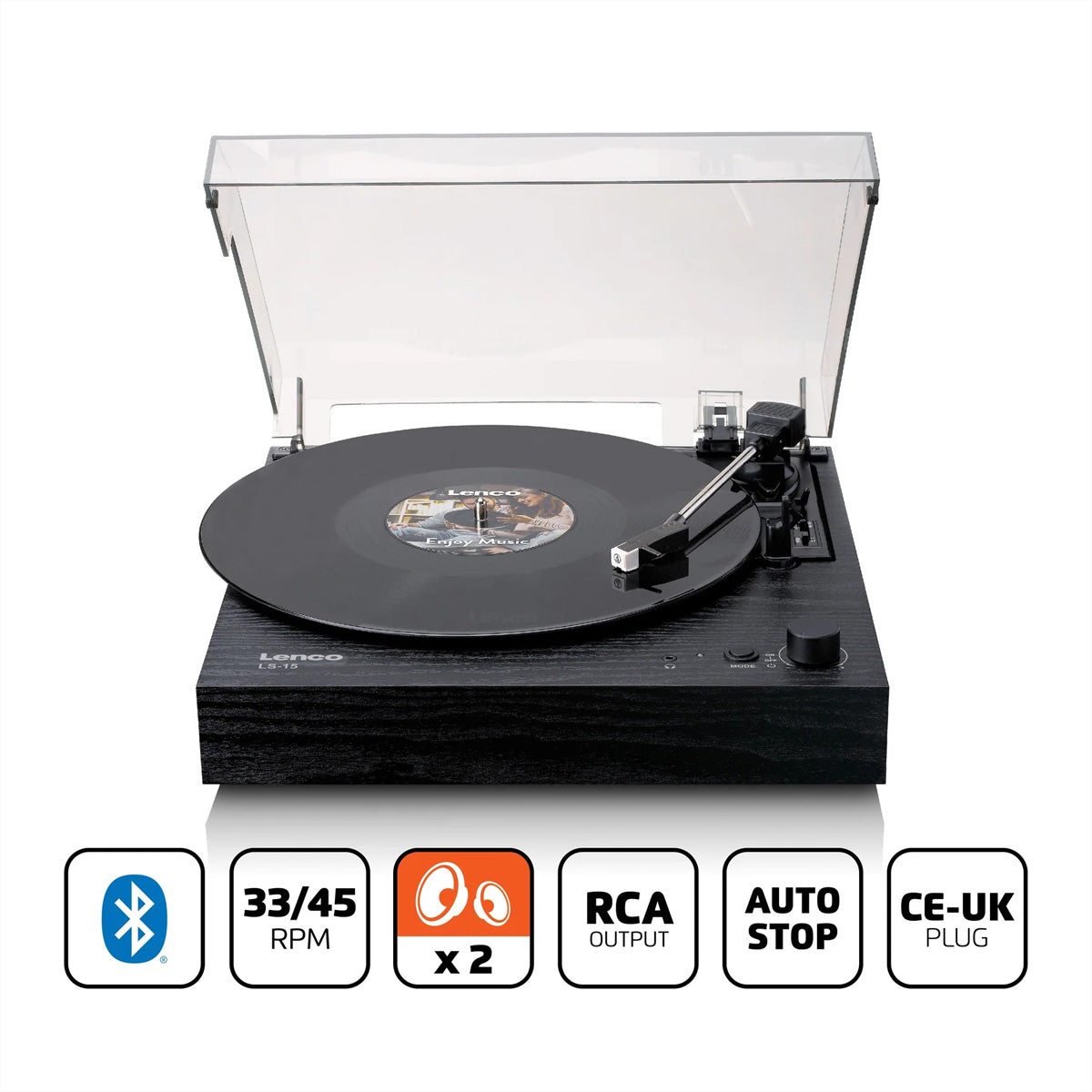 Lenco LS-15BK – Plattenspieler (Riemenantrieb), Bluetooth, Phono-Vorverstärker, 33⅓/45 U/min – Schwarz