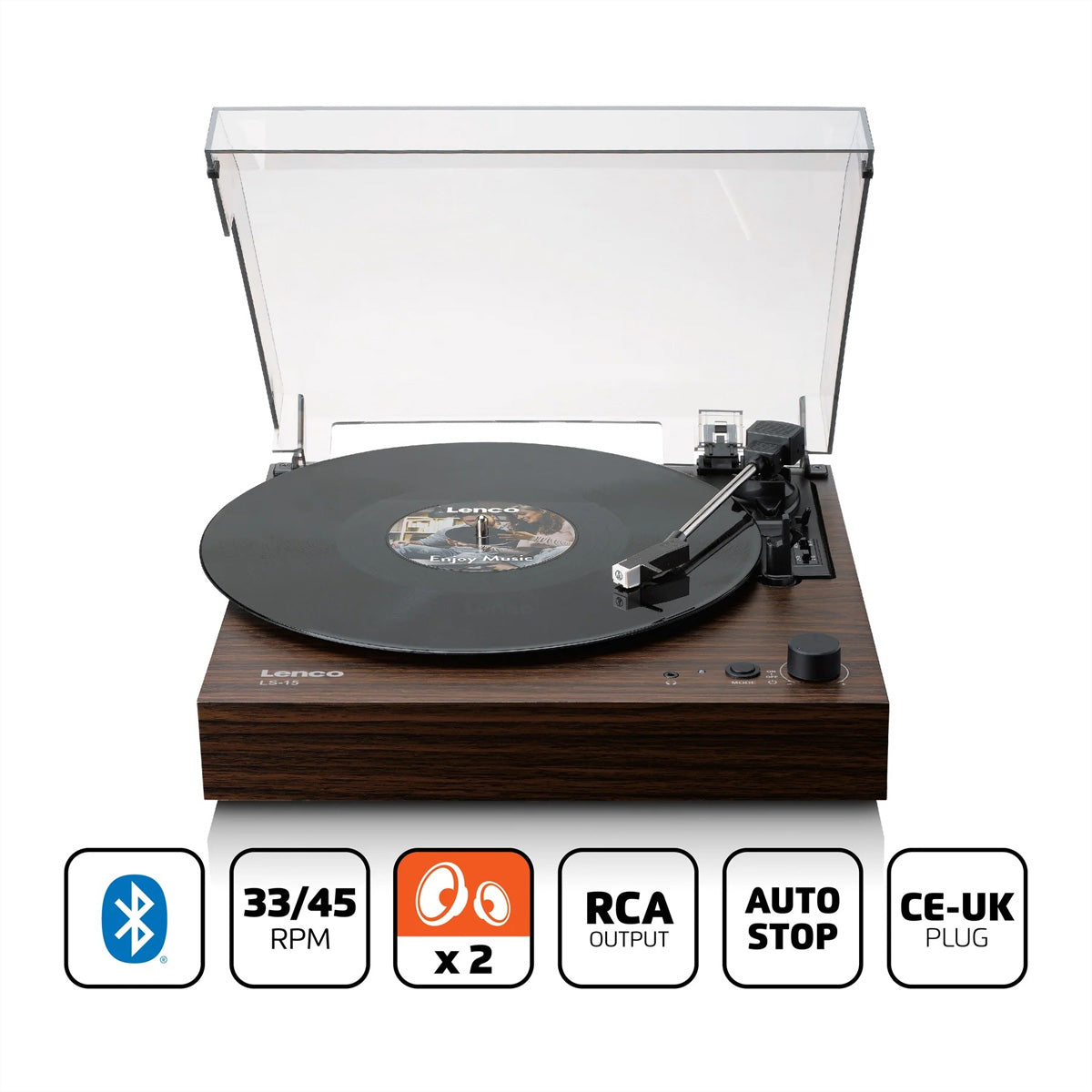 Lenco LS-15WD – Plattenspieler (Riemenantrieb), Bluetooth, Phono-Vorverstärker, 33⅓/45 – Braun