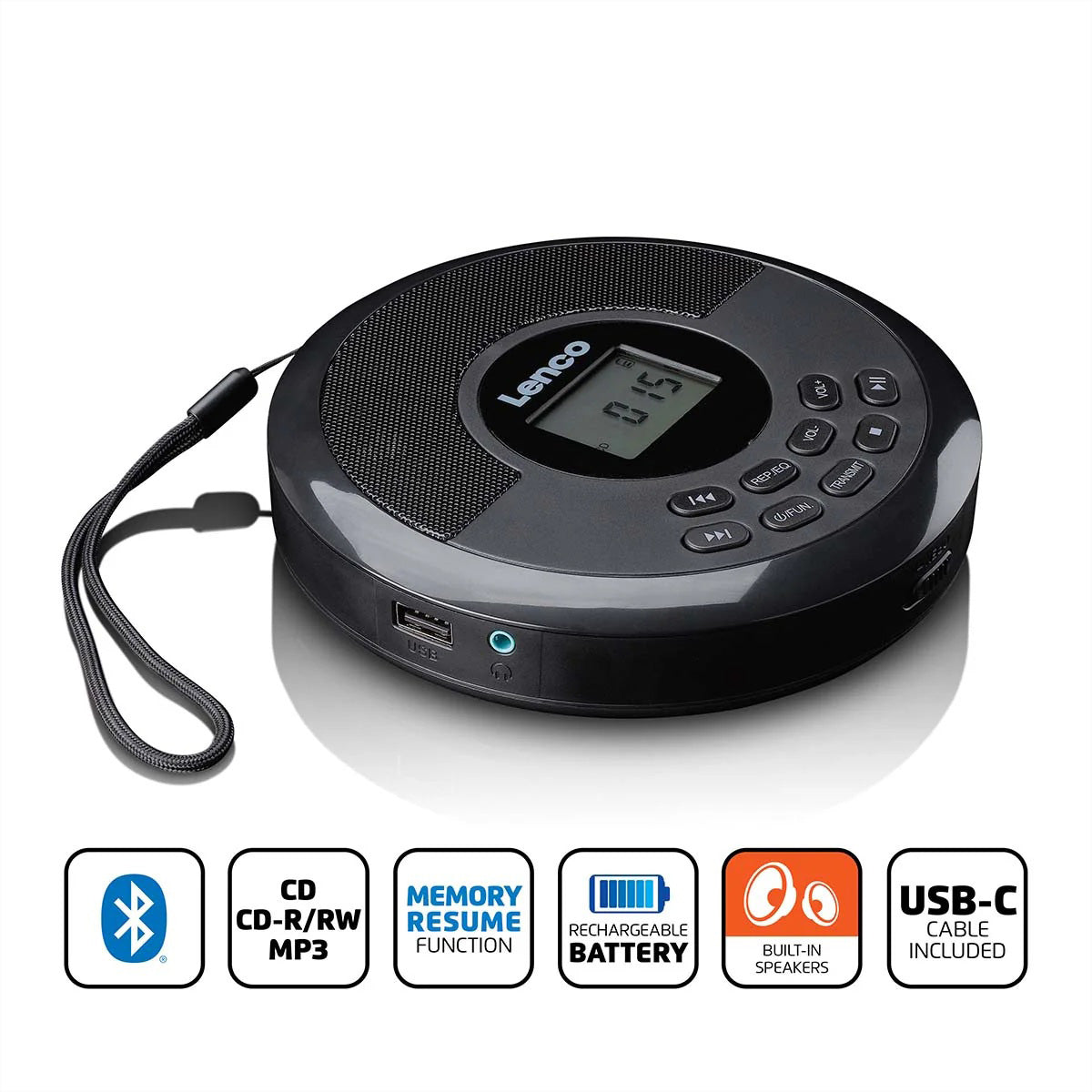Lenco CD-340BK – Portabler CD-Player, Bluetooth, 5 h Akku – Schwarz
