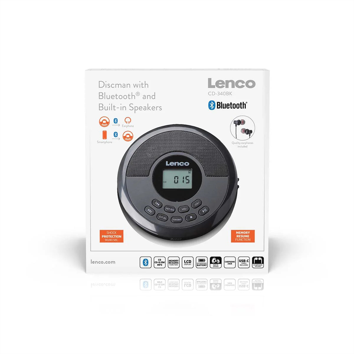 Lenco CD-340BK – Portabler CD-Player, Bluetooth, 5 h Akku – Schwarz