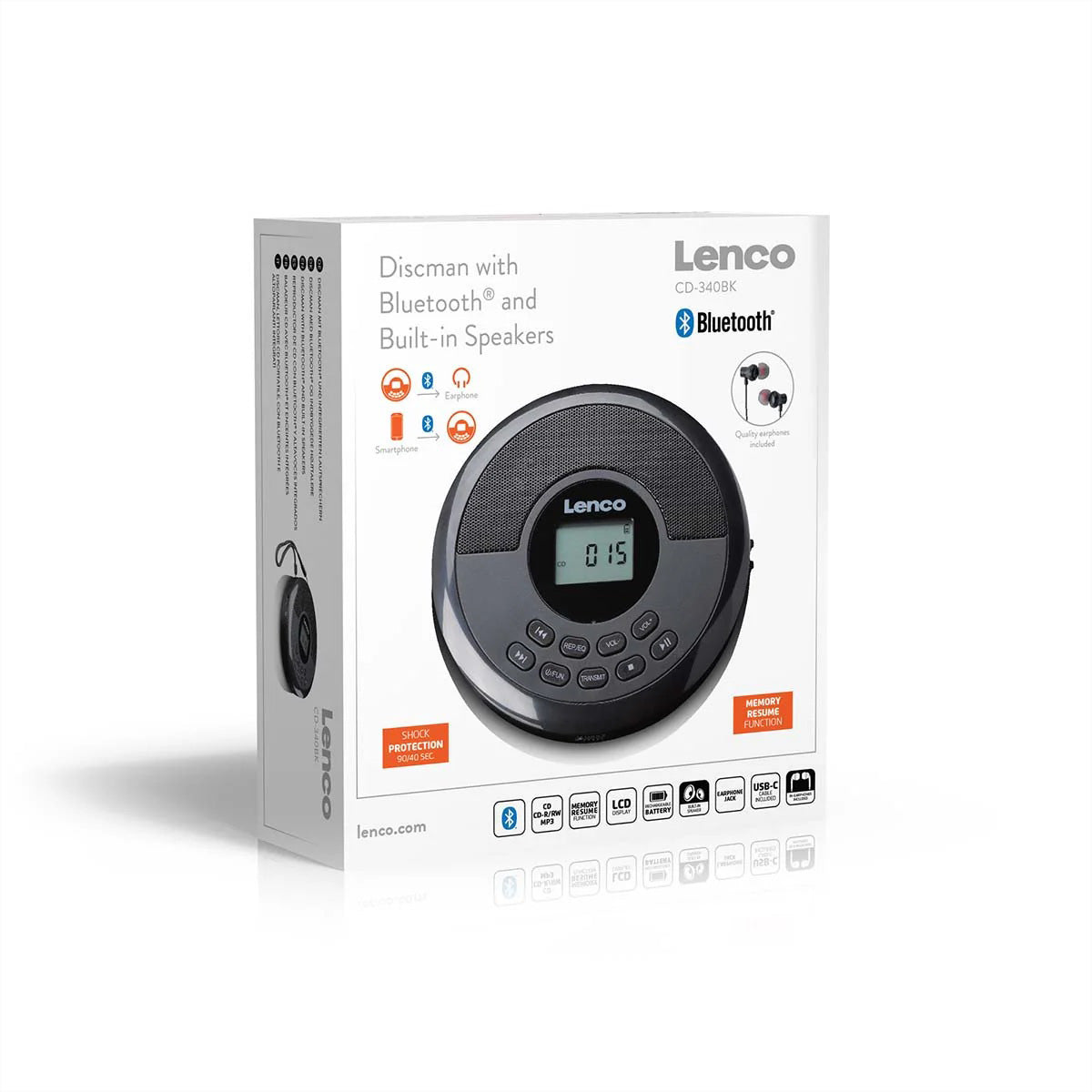 Lenco CD-340BK – Portabler CD-Player, Bluetooth, 5 h Akku – Schwarz