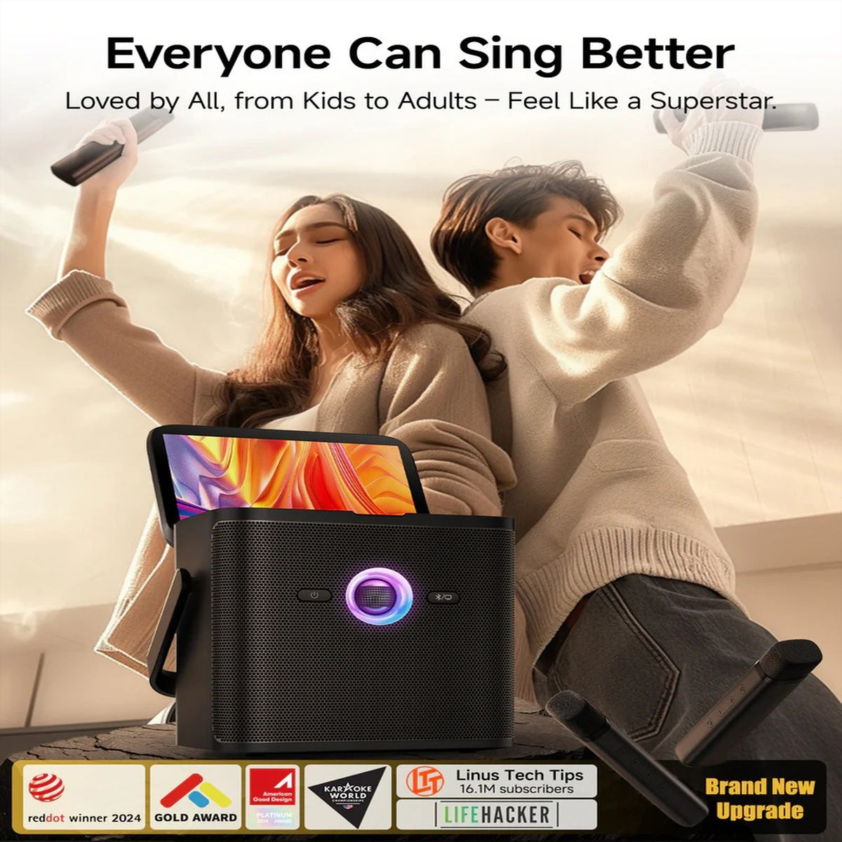 Ikarao Shell S3 – 7" Touchscreen Karaoke-Maschine, 2 kabellose Mikrofone, 80 W, 7 h Akku – Schwarz