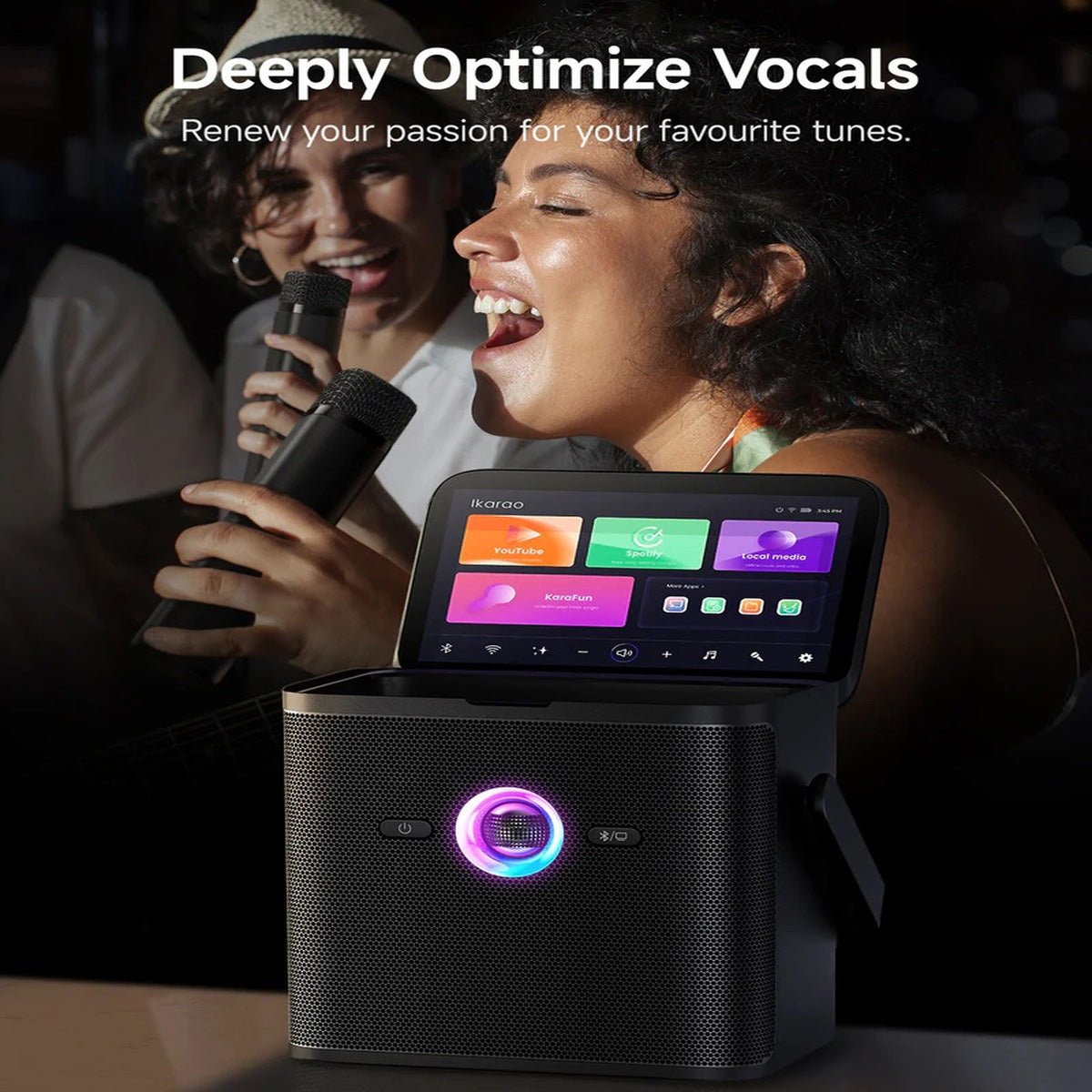 Ikarao Shell S3 – 7" Touchscreen Karaoke-Maschine, 2 kabellose Mikrofone, 80 W, 7 h Akku – Schwarz