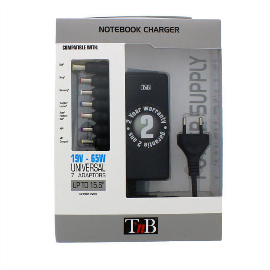 T'nB Notebook-Netzteil 65 W – 19 V, 9 Aufsätze – für Acer, Asus, Compaq und andere – Schwarz