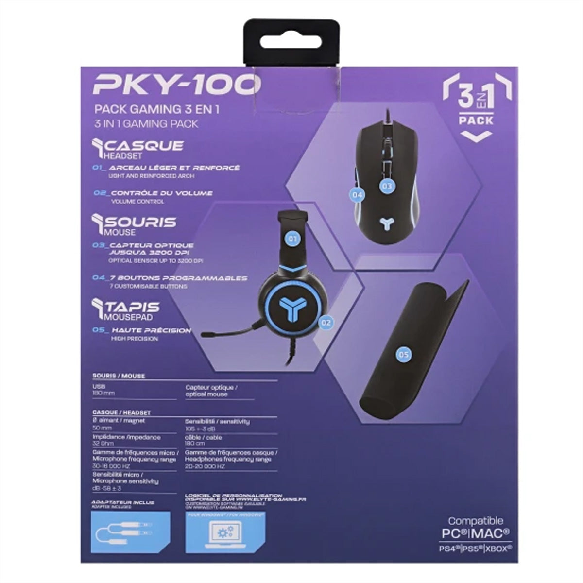 T'nB ELYTE Gamer Starterpack 3-in-1 – Gaming-Maus – 3200 DPI, Schwarz, Blau