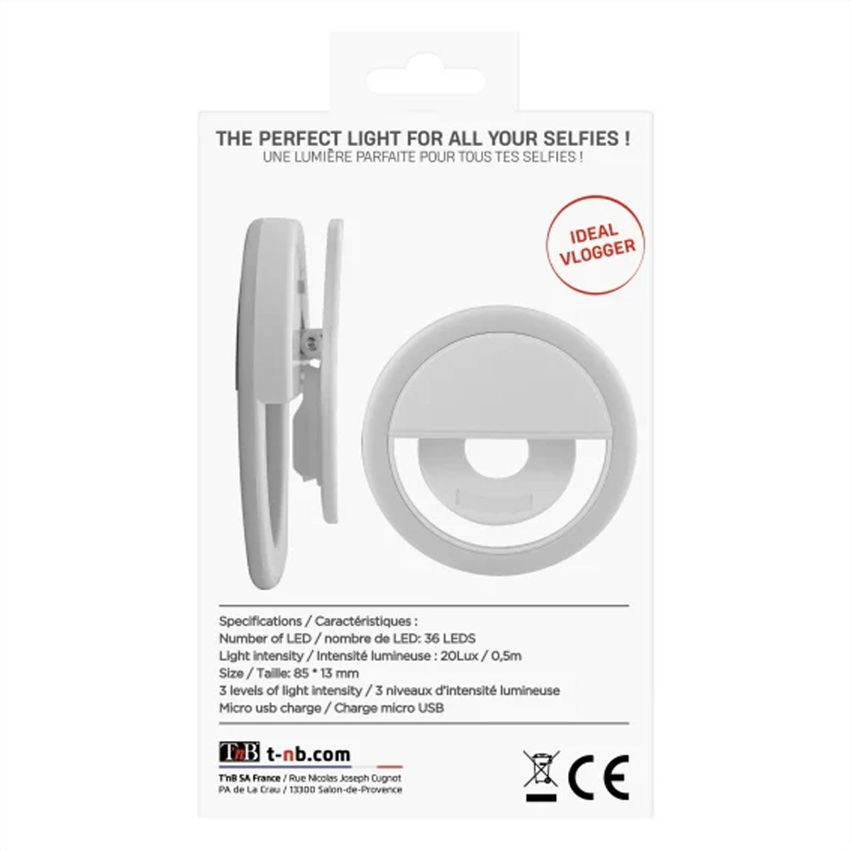 T'nB Influence LED-Ringlicht – 36 LEDs, 6500 K, 200 mAh Akku – für Smartphones, mit Mikro-USB