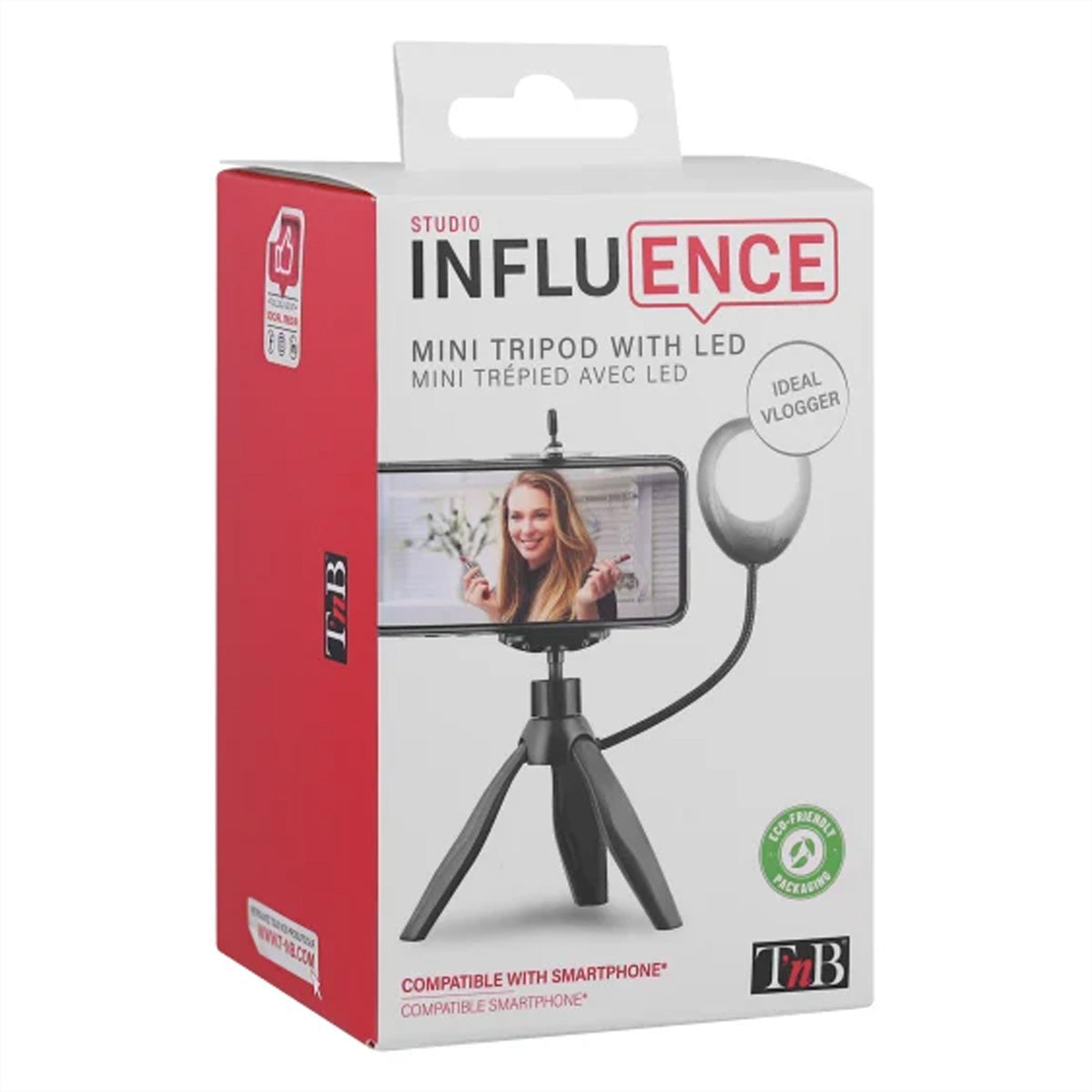 T'nB Mini-Stativ mit LED – 20 cm – 7500 K, 3 Stufen, 360° – für Smartphones bis 6,5" – Schwarz