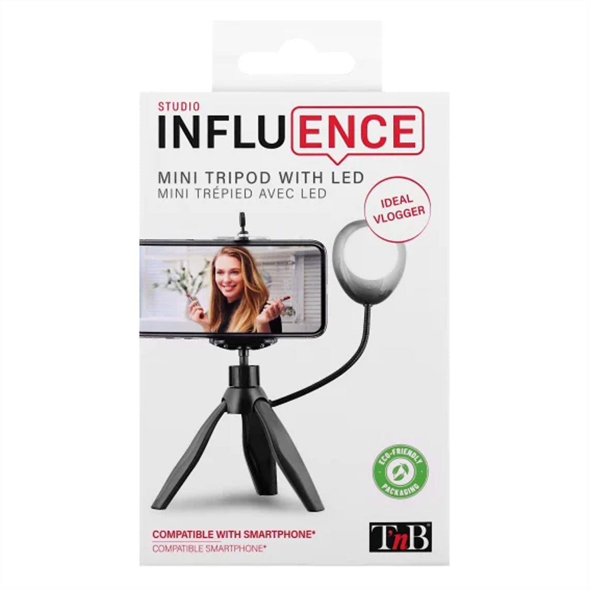 T'nB Mini-Stativ mit LED – 20 cm – 7500 K, 3 Stufen, 360° – für Smartphones bis 6,5" – Schwarz