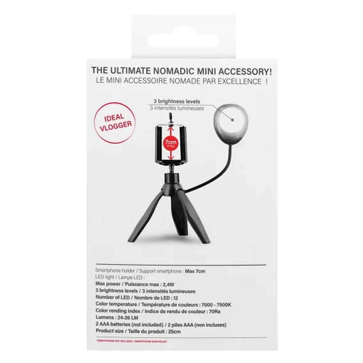 T'nB Mini-Stativ mit LED – 20 cm – 7500 K, 3 Stufen, 360° – für Smartphones bis 6,5" – Schwarz