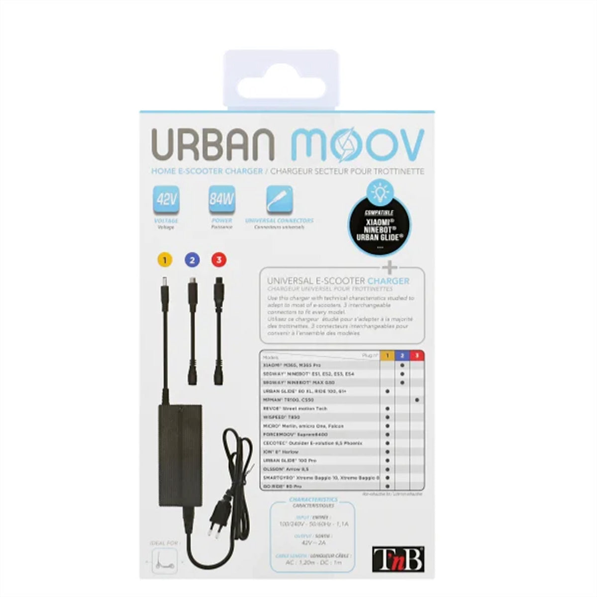 T'nB Urban Move 84 W Akkuladegerät – für Xiaomi M365, Segway ES2, Urban Glide 80XL und andere – schwarz
