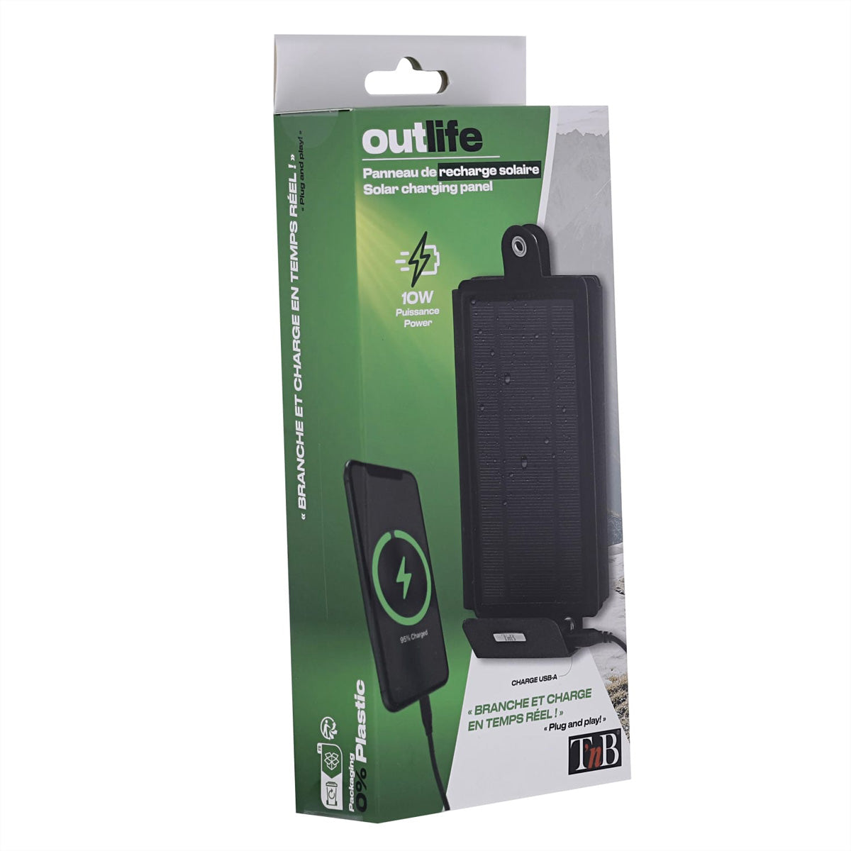 T'nB OUTLIFE OLSP15 Solarmodul – 10 W, USB-C, IP65, faltbar – 200 × 383 × 4 mm – Schwarz