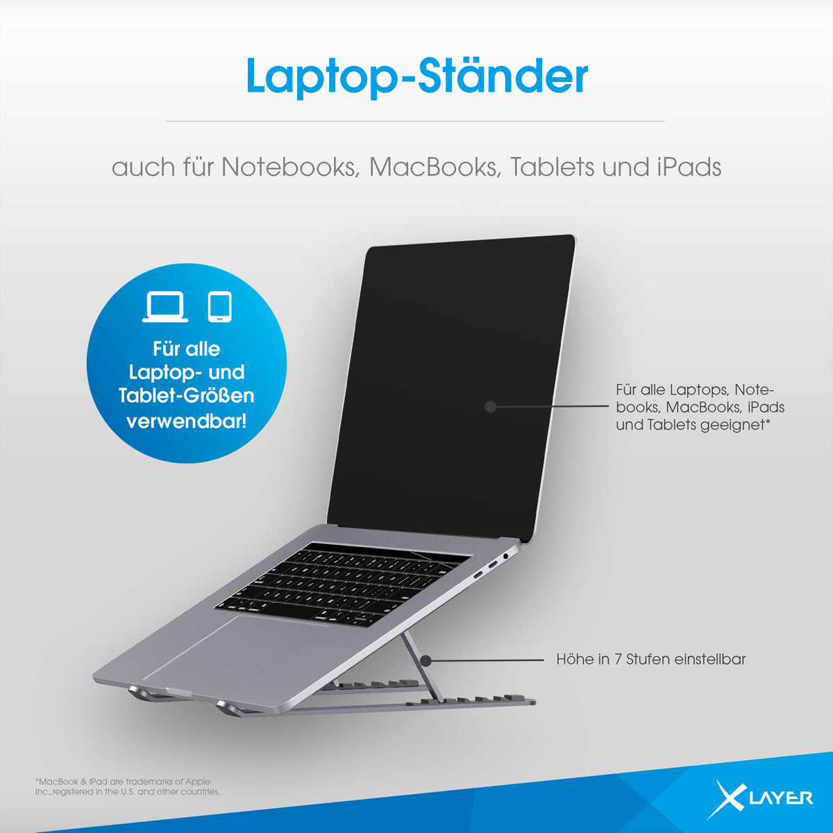 Xlayer Laptop-Ständer – faltbar, Aluminium, Traglast bis 40 kg – für Lenovo – Grau