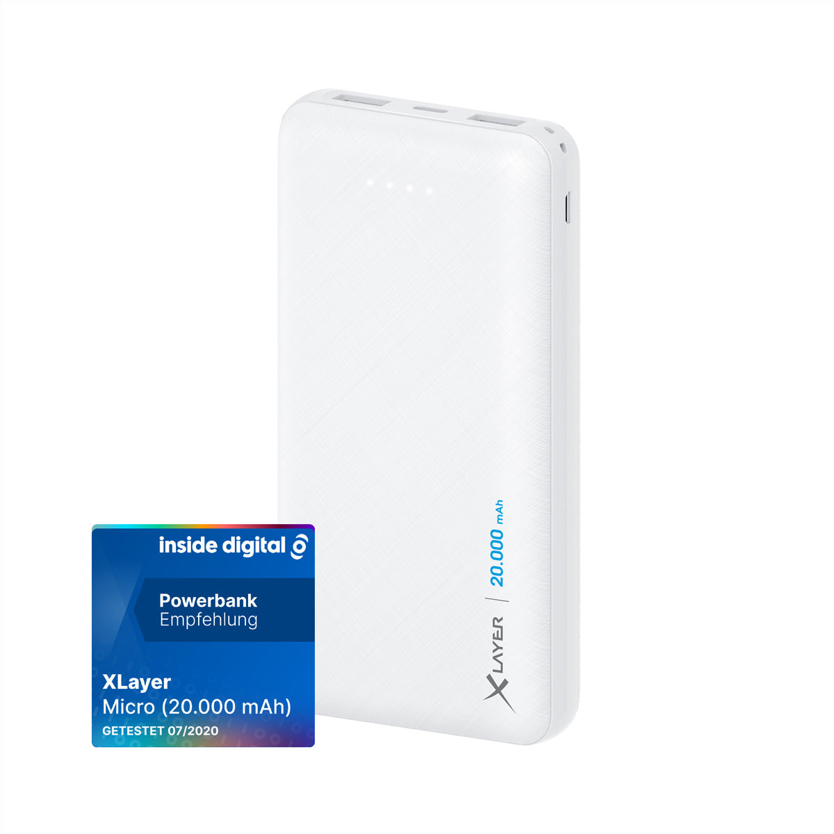 Xlayer Powerbank 20'000 mAh – 1× USB-C, 2× USB-A, weiss