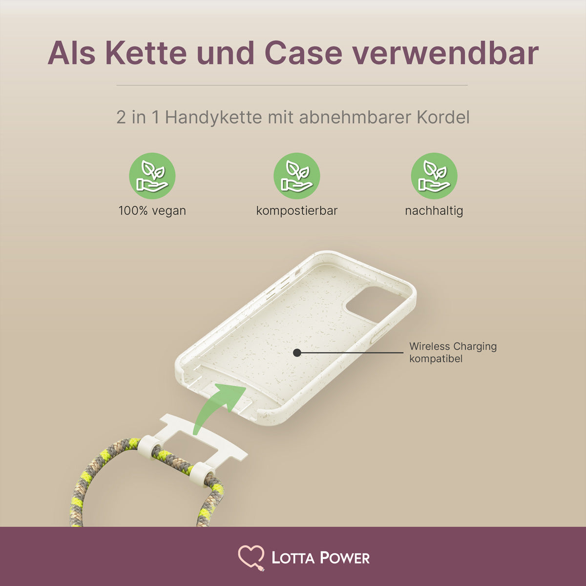 Lotta Power Backcover – für Apple iPhone 12/12 Pro, mit abnehmbarer Handykette, Bambus, Sandstone