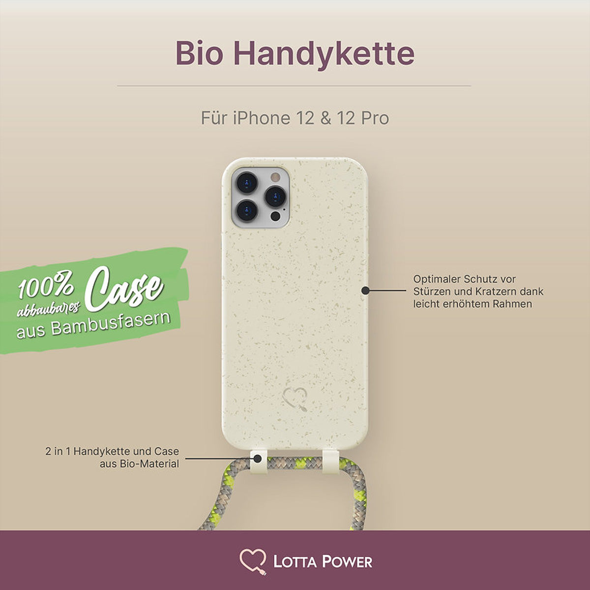 Lotta Power Backcover – für Apple iPhone 12/12 Pro, mit abnehmbarer Handykette, Bambus, Sandstone