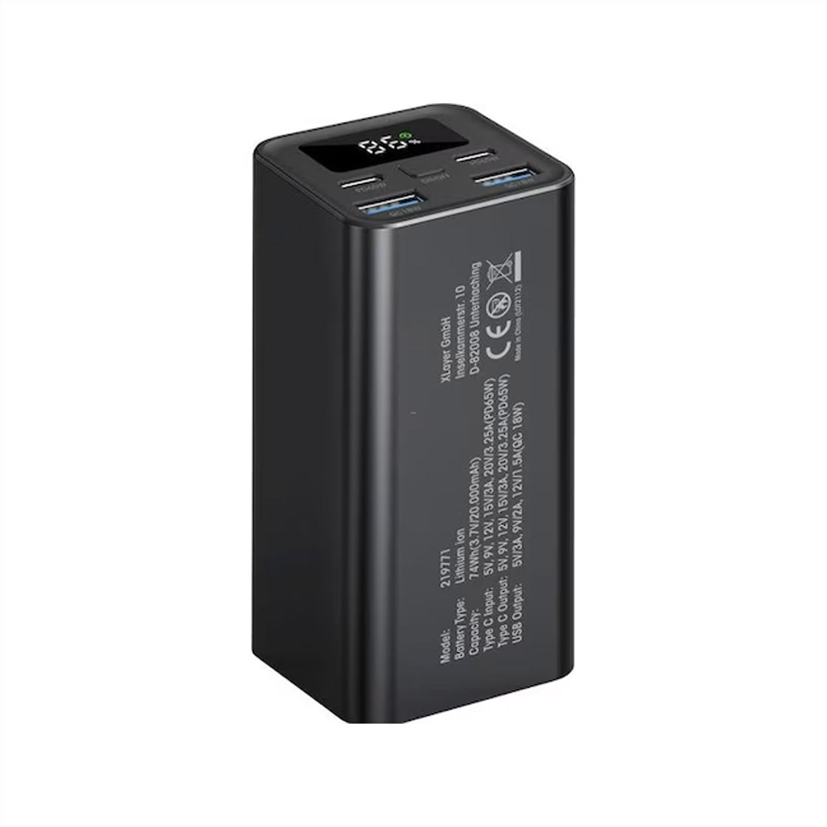 Xlayer Powerbank 20'000 mAh – 65 W PD, 2× USB-C, 2× USB-A, schwarz