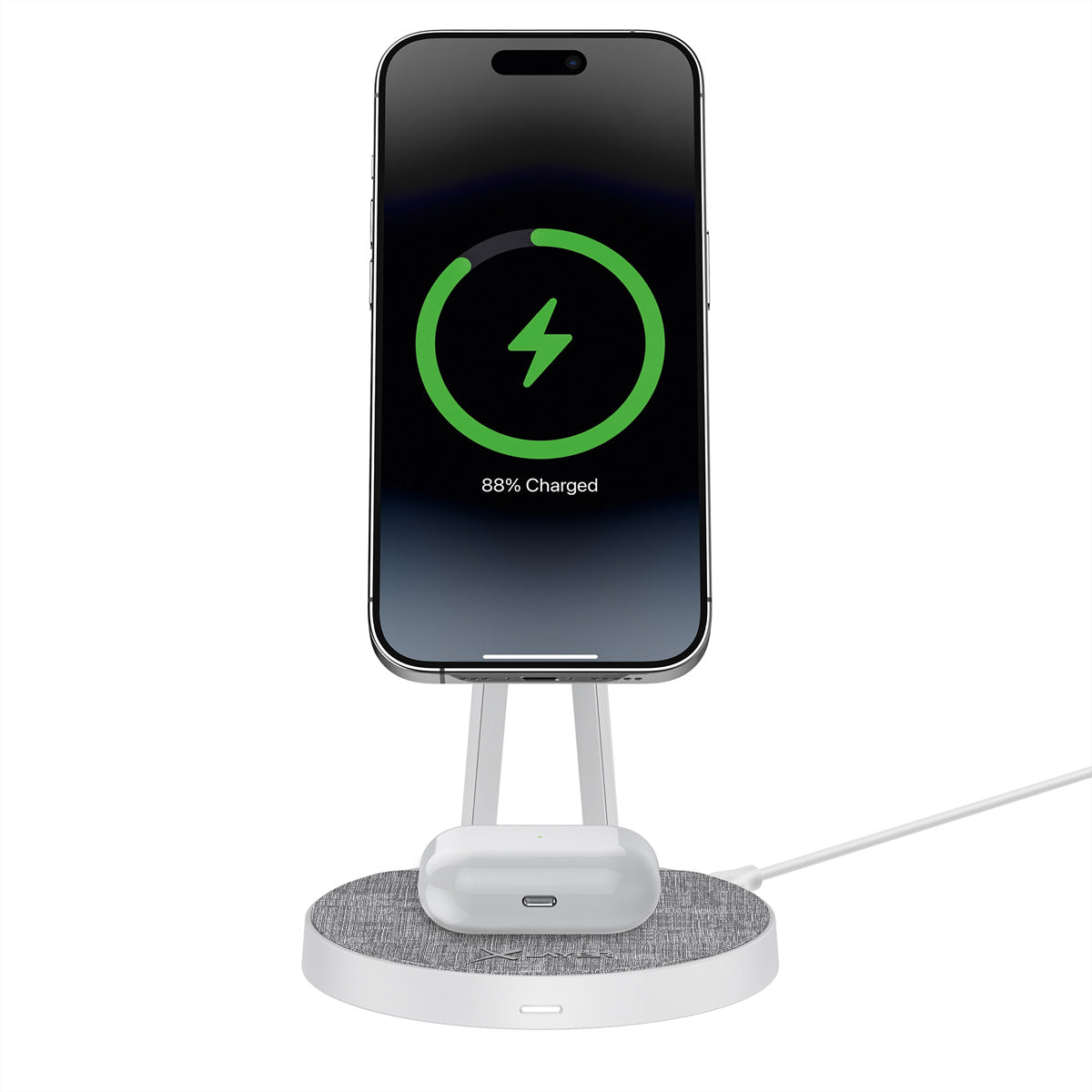 XLayer MagFix Pro 2-in-1 Ladeständer – MagSafe-kompatibel – 15 W/3 W – für iPhone/AirPods – Grau/Weiss