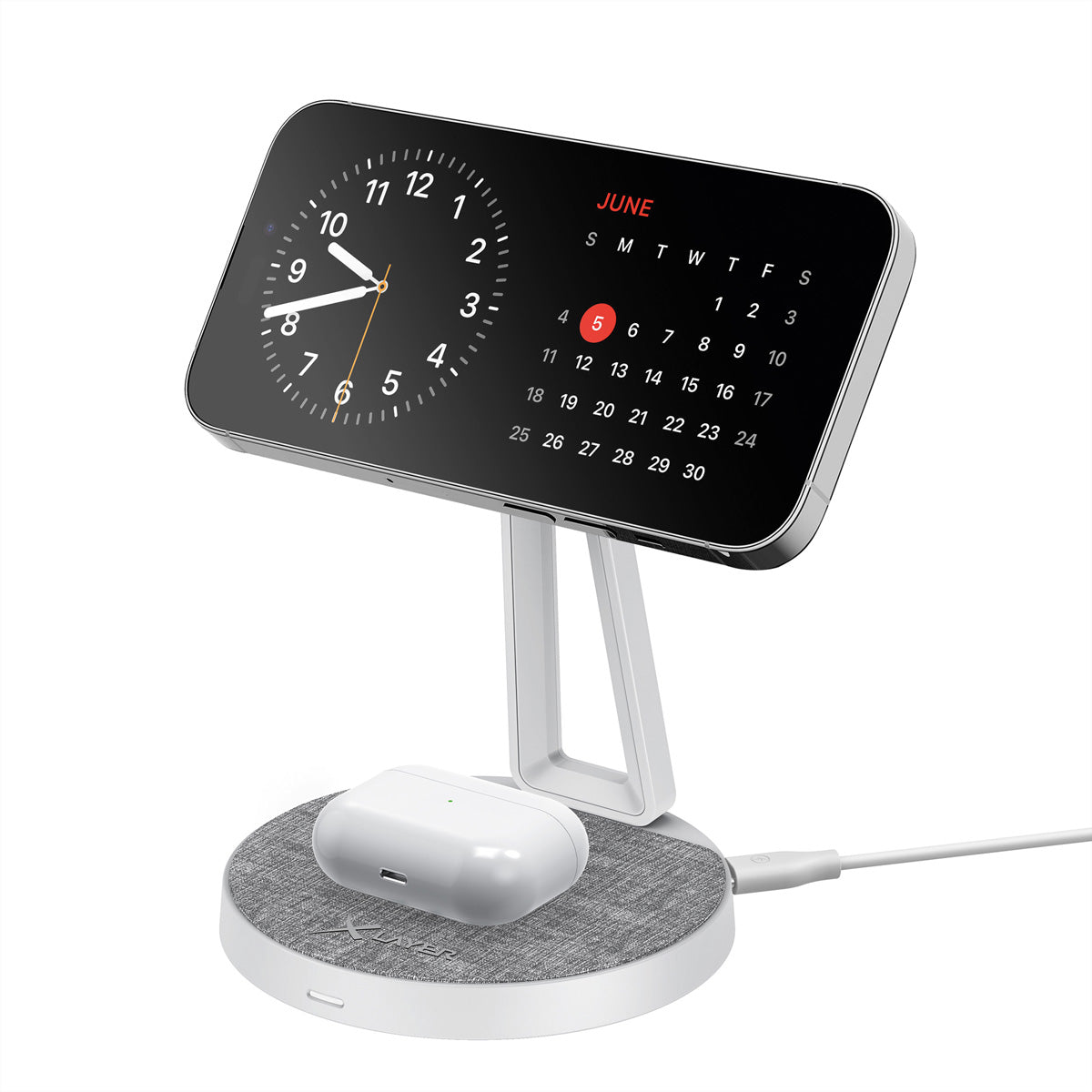 XLayer MagFix Pro 2-in-1 Ladeständer – MagSafe-kompatibel – 15 W/3 W – für iPhone/AirPods – Grau/Weiss