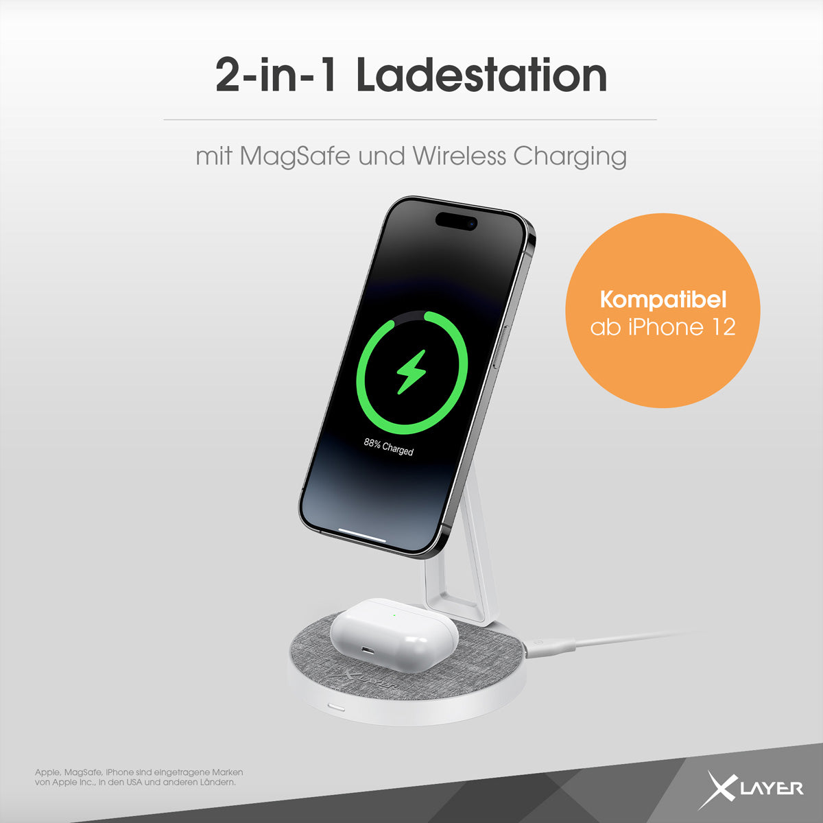 XLayer MagFix Pro 2-in-1 Ladeständer – MagSafe-kompatibel – 15 W/3 W – für iPhone/AirPods – Grau/Weiss