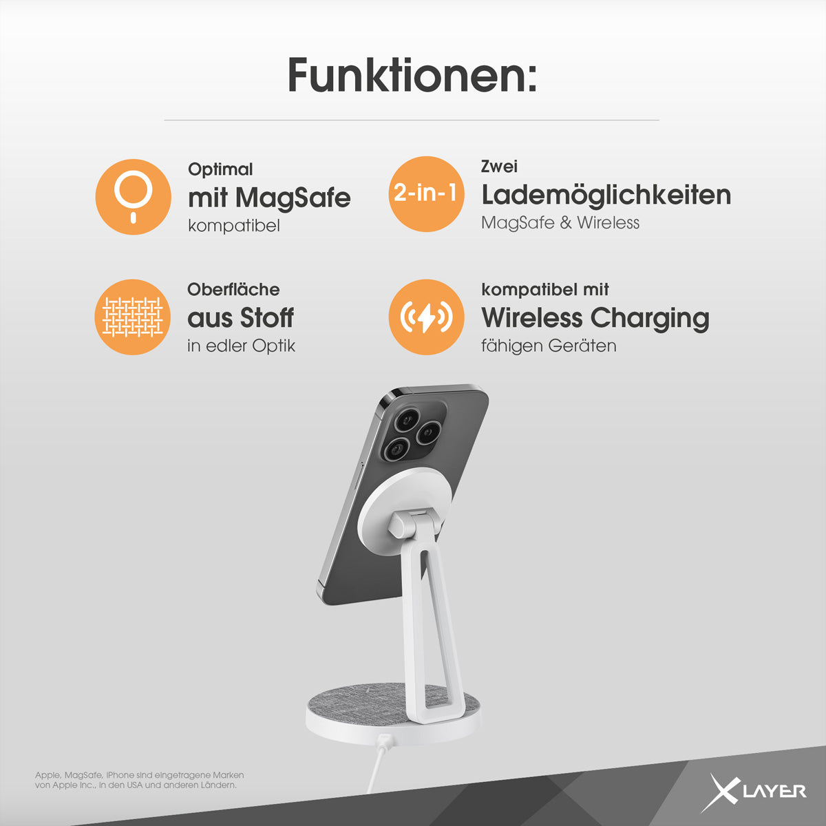XLayer MagFix Pro 2-in-1 Ladeständer – MagSafe-kompatibel – 15 W/3 W – für iPhone/AirPods – Grau/Weiss