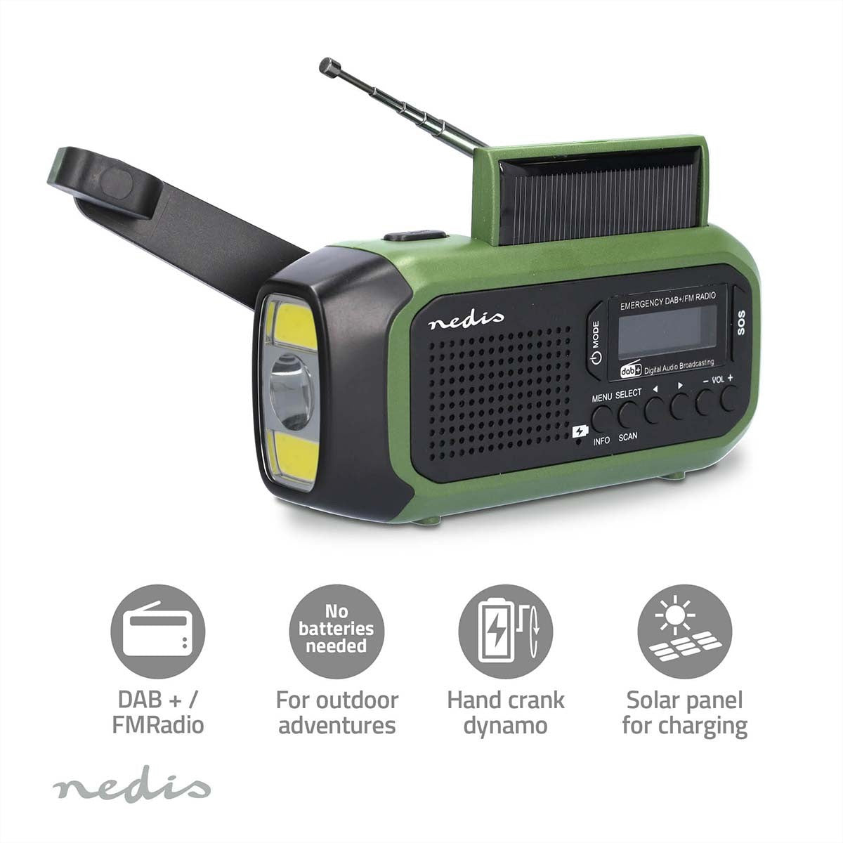 Nedis Notfallradio – Tragbares DAB+ Radio, UKW, 15 h Akku – Grün/Schwarz