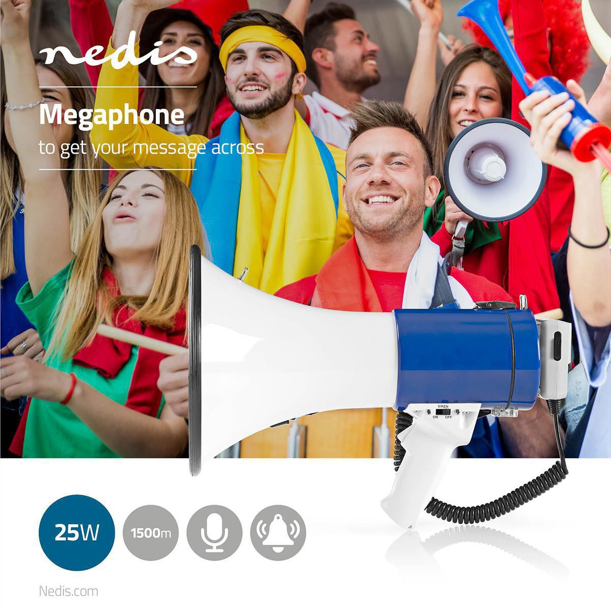 Nedis Megaphon – Reichweite 1500 m, 120 dB, mit Sirene, batteriebetrieben – Weiss