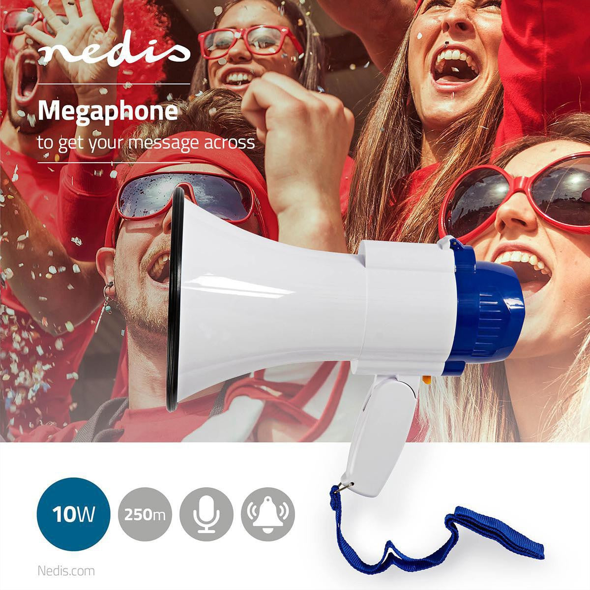 Nedis Megaphon – Party-Lautsprecher – 10 W, 115 dB, 250 m, Batteriebetrieb, Weiss