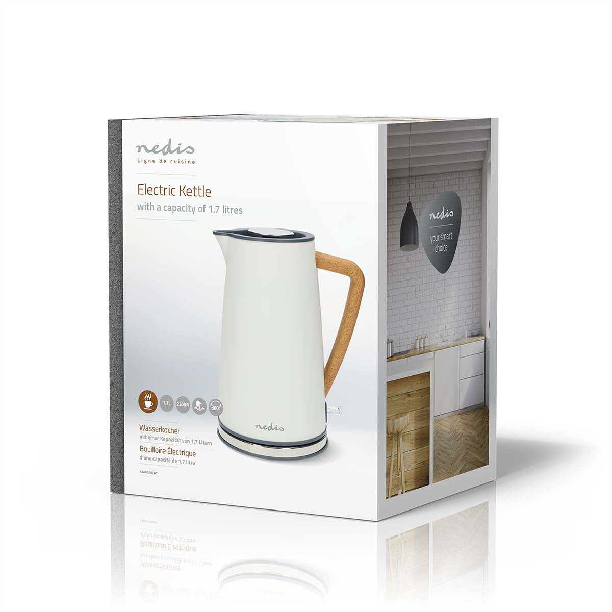 Nedis Wasserkocher – 1,7 l, Kunststoff, 2200 W, Weiss, 360°-Sockel