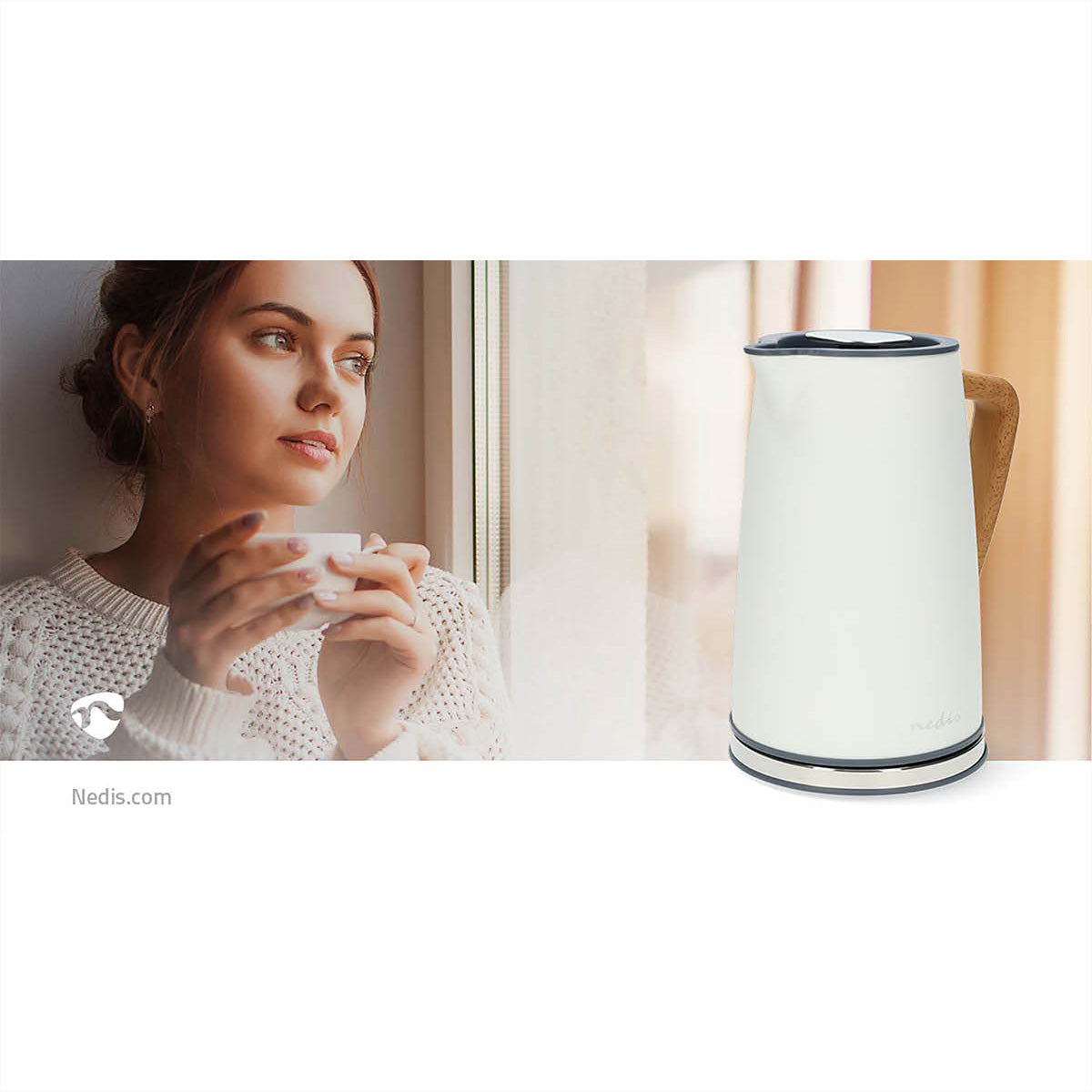 Nedis Wasserkocher – 1,7 l, Kunststoff, 2200 W, Weiss, 360°-Sockel