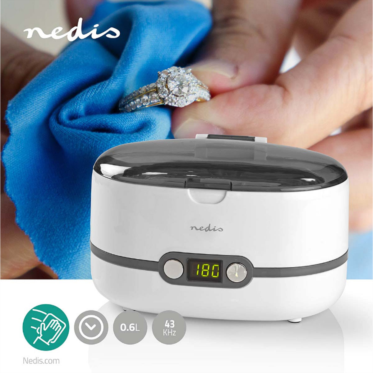 Nedis Ultraschallreiniger – 0,6 l – Weiss – 18 × 24 × 16,5 cm