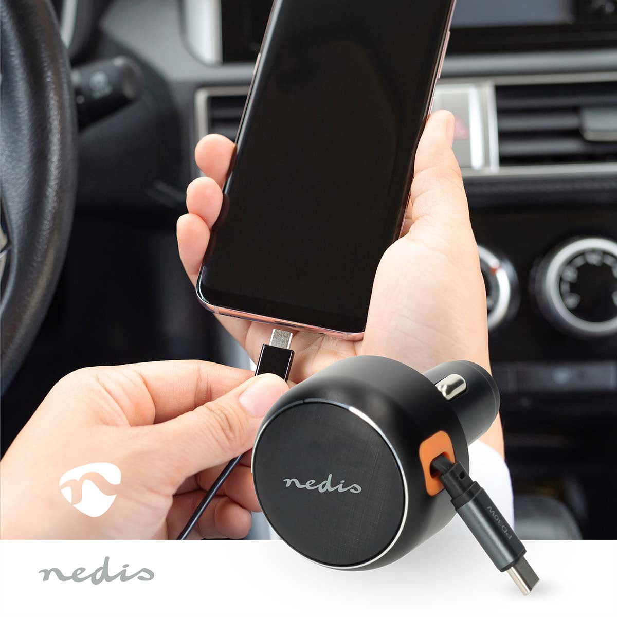 Nedis Auto-Ladegerät 30 W – USB-C×1 (aufrollbar 0,70 m), PD, PPS – für 12–24 V Zigarettenanzünder – grau