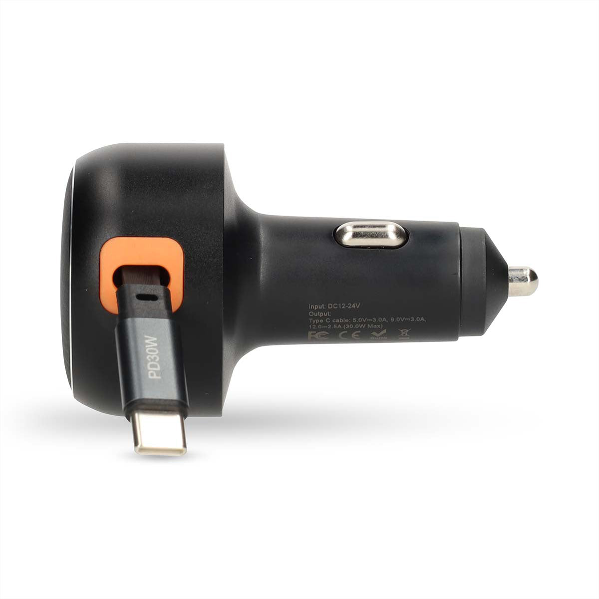 Nedis Auto-Ladegerät 30 W – USB-C×1 (aufrollbar 0,70 m), PD, PPS – für 12–24 V Zigarettenanzünder – grau