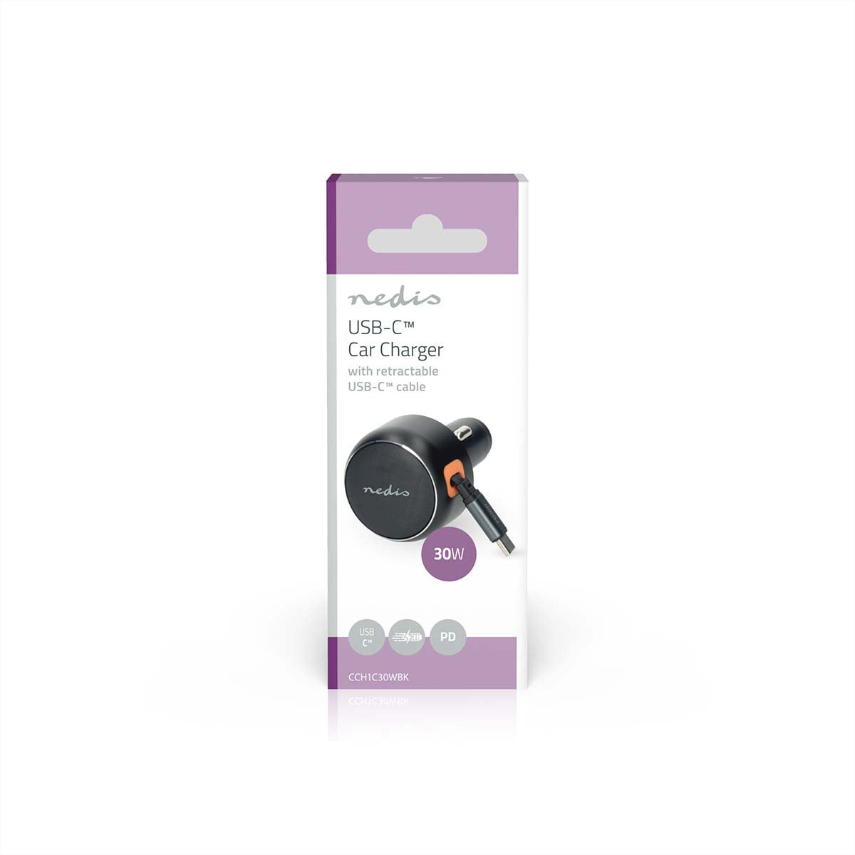 Nedis Auto-Ladegerät 30 W – USB-C×1 (aufrollbar 0,70 m), PD, PPS – für 12–24 V Zigarettenanzünder – grau