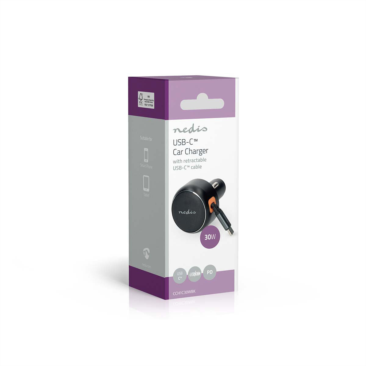 Nedis Auto-Ladegerät 30 W – USB-C×1 (aufrollbar 0,70 m), PD, PPS – für 12–24 V Zigarettenanzünder – grau