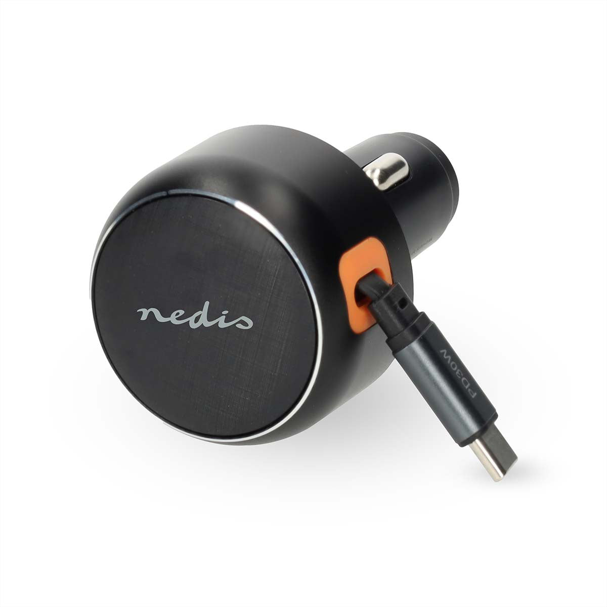 Nedis Auto-Ladegerät 30 W – USB-C×1 (aufrollbar 0,70 m), PD, PPS – für 12–24 V Zigarettenanzünder – grau