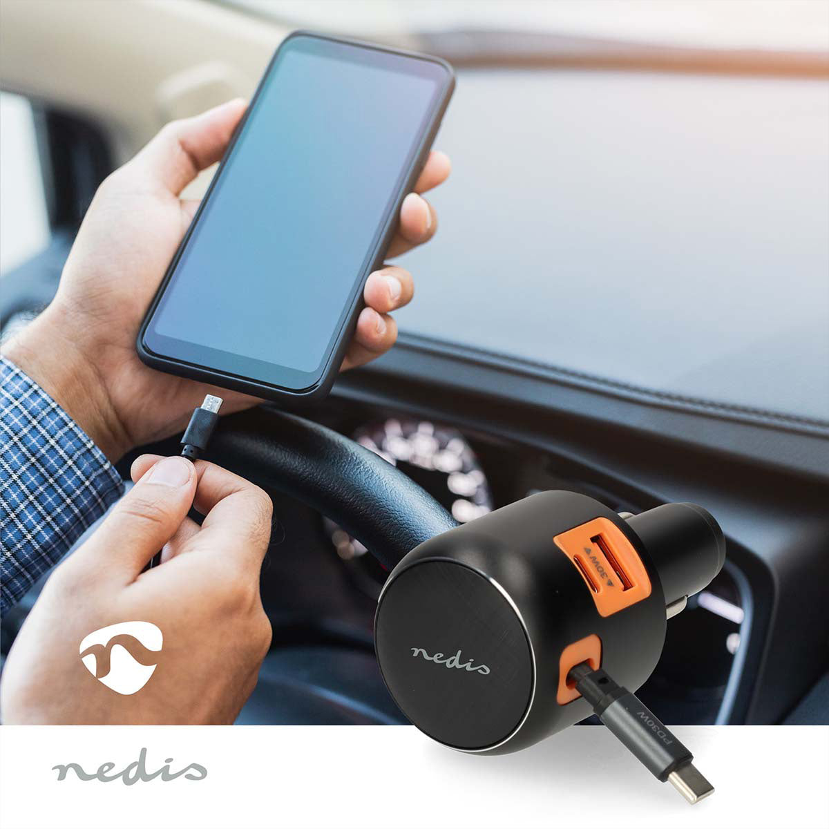 Nedis Auto-Ladegerät 60 W – USB-C×1, USB-A×1, mit USB-C-Kabel 0,7 m – PD 3.0/PPS – für 12–24 V Fahrzeuge