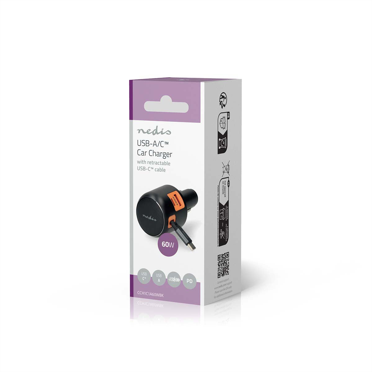 Nedis Auto-Ladegerät 60 W – USB-C×1, USB-A×1, mit USB-C-Kabel 0,7 m – PD 3.0/PPS – für 12–24 V Fahrzeuge