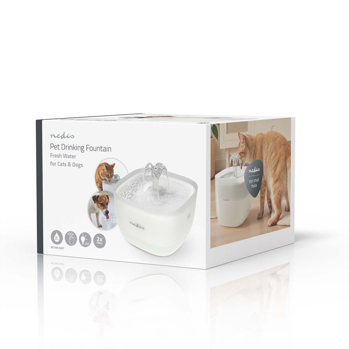 Nedis Haustier-Trinkbrunnen – 2 l, weiss, Polymer, Beleuchtung, USB-Betrieb, Anti-Rutsch-Boden