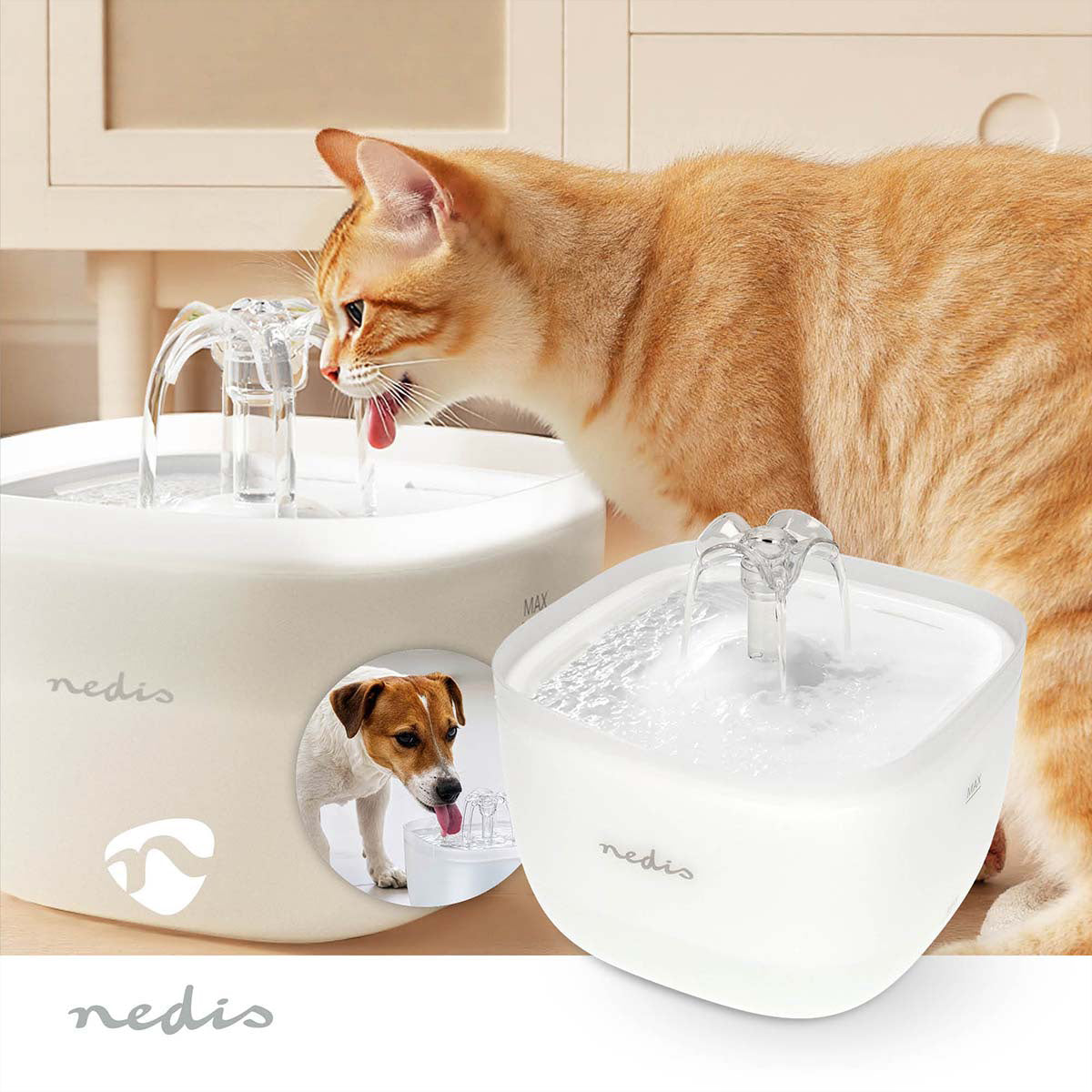 Nedis Haustier-Trinkbrunnen – 2 l, weiss, Polymer, Beleuchtung, USB-Betrieb, Anti-Rutsch-Boden